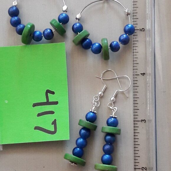 Boho Earrings  417# NEW artisan Asymmetrical BFF swap earrings ,Blue Green earr - Picture 3 of 6